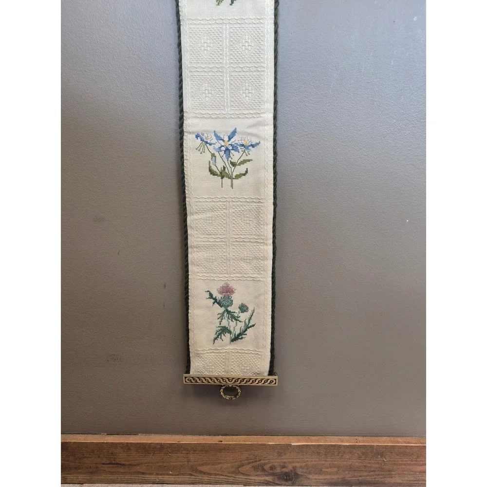 Vintage 5 Ft Floral Cross Stitch Bell Pull Brass Bell Tapestry Wall Hanging 60in